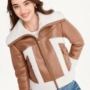 DKNY Faux Suede Shearling Trim Biker Jacket Vicuna Women Outerwear XS